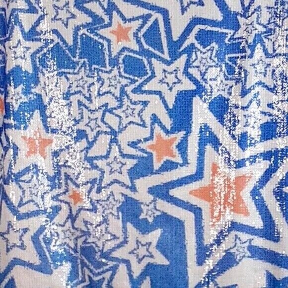 Mauve Star Print Sequin Top Blue Beige Small Open Back Short Sleeve Patriotic - Picture 3 of 6